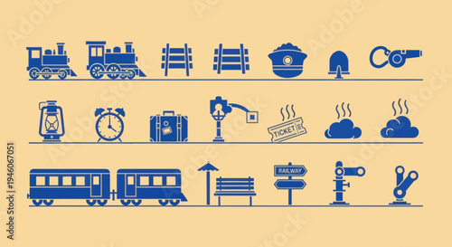 Collection of blue train and railway icons on a pale yellow background