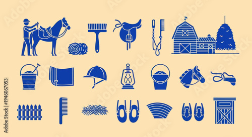 Equestrian Icons: Horse Riding Equipment, Barn, and Ranch Elements