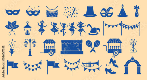 Carnival Celebration Icons: Masquerade, Music, Dance, and Festive Elements