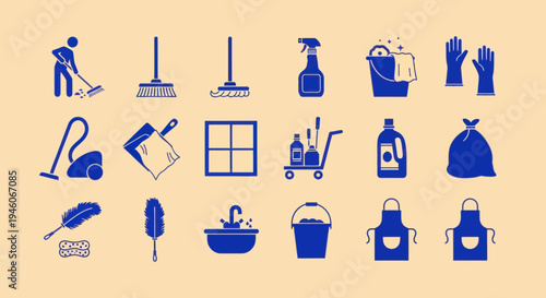 Cleaning supplies and equipment icons set, blue on beige background