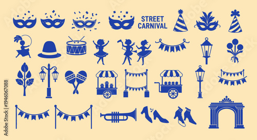 Street Carnival Icons Set: Masquerade, Dancers, Food Carts, Music, Festive Decorations
