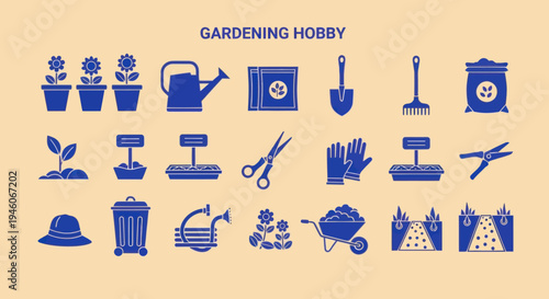 Gardening Hobby Icons Set: Tools, Plants, Pots, Wheelbarrow, Watering Can, Gloves