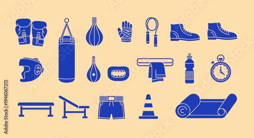 Boxing and Fitness Equipment Icons: Gloves, Punching Bag, Jump Rope, Mat