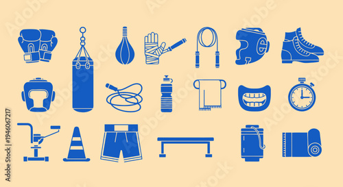 Boxing and Fitness Equipment Icons Set on Beige Background