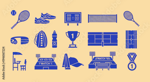 Tennis Sport Icons Set: Net, Racket, Ball, Trophy, Court, Shoes, Stadium