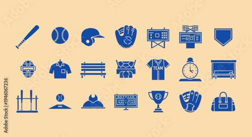 Baseball Icons Set: Equipment, Uniforms, and Field Elements