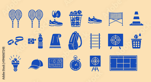 Tennis Equipment and Accessories Icons Set: Rackets, Balls, Shoes, Net, Stopwatch