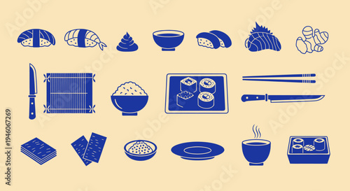 Sushi Ingredients and Utensils Flat Icon Set
