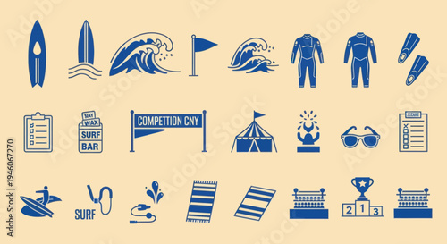 Surfing Competition Icons: Waves, Surfboards, Wetsuits, Trophies, and More