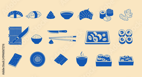 Japanese Sushi Food Icons Set - Blue on Beige Background