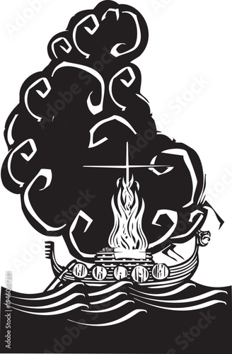 Woodcut style viking burial at sea with a burning boat