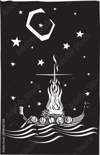Woodcut style viking burial at sea with a burning boat