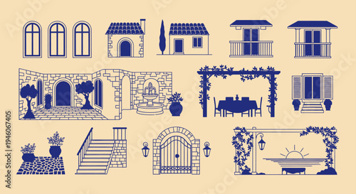 Mediterranean Village Elements: Houses, Arches, Balconies, Pergolas, Windows