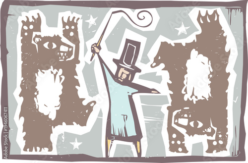 Woodcut expressionist ring master with bears