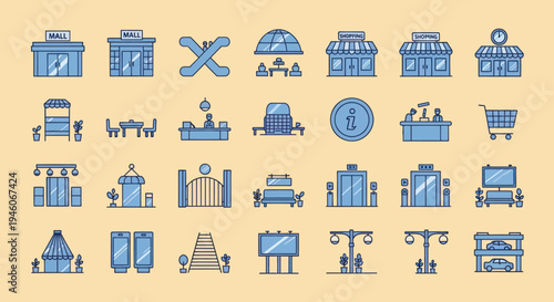 Shopping Mall Icons: Buildings, Escalators, Carts, Entrance, Information