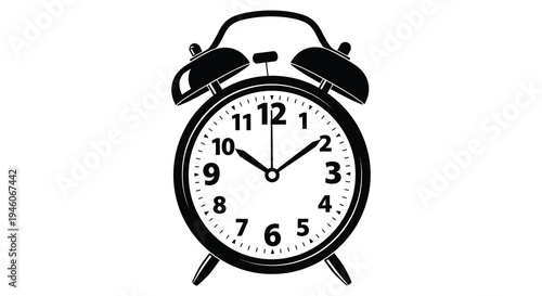 A black and white illustration of a classic alarm clock showing approximately 9 08