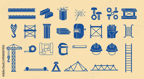 Construction and Industrial Icons: Tools, Equipment, and Safety Gear - Blue Silhouettes