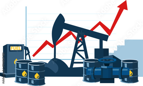 Rising Oil and Fuel Prices. Vector illustration of rising fuel prices with oil pump jack, barrels, pipeline, and red upward arrow graph