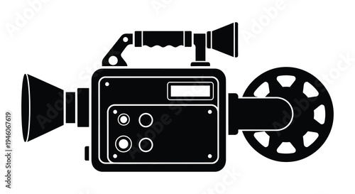 Black and white silhouette of a vintage film camera with a reel