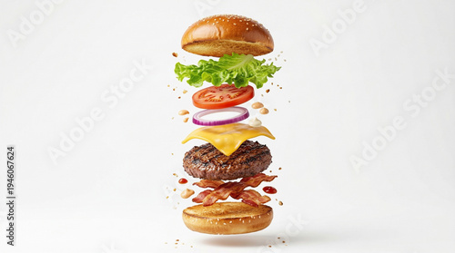 Dynamic flying burger with floating ingredients including sesame buns, fresh lettuce, tomato, onion, cheese, grilled beef patty, and bacon on a solid white background. ---