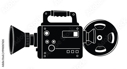 Vintage film camera illustration in black and white showcasing classic movie equipment