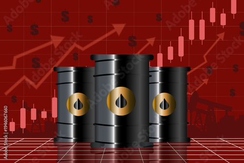 Energy Crisis and Rising Oil Prices. 3D illustration of black oil barrels on red financial market background with rising charts and dollar signs