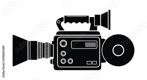 A black and white illustration depicting a vintage video camera with a large reel