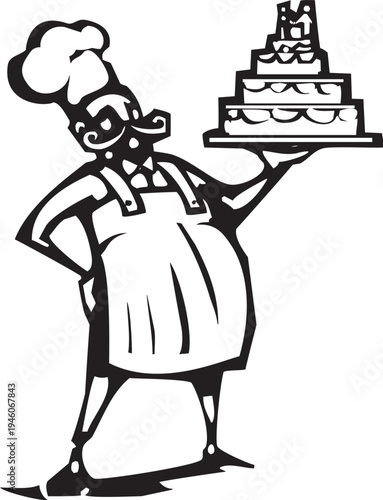 Woodcut chef with an apron holding  acake