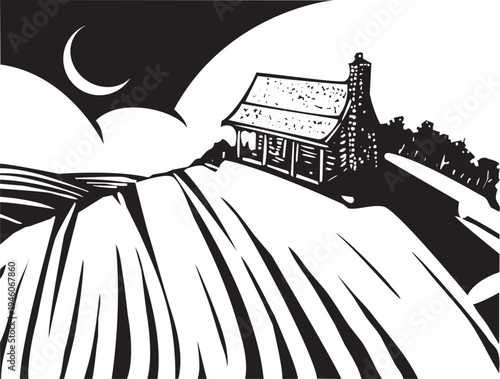 Woodcut landscape image of a small pioneer house in the mountains