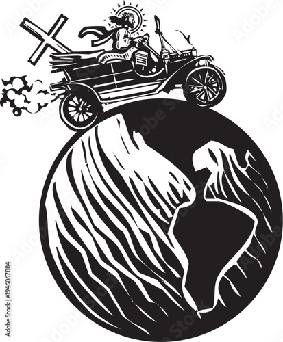 Woodcut Jesus Christ travelign the work in a vintage car with his cross in the passenger seats