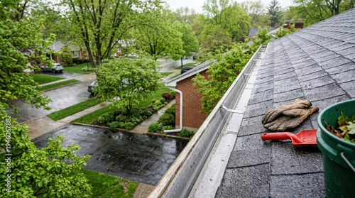 A clean gutter on a rainy day. In the background is a residential area with well-maintained landscaping. The gutter is cleared of debris and ready to drain rainwater.