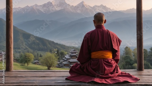 Close-up from behind: monk in flowing maroon robes seated in meditation posture on a weathered wooden platform,
