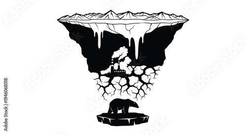 Melting arctic landscape with industrial pollution and a solitary polar bear