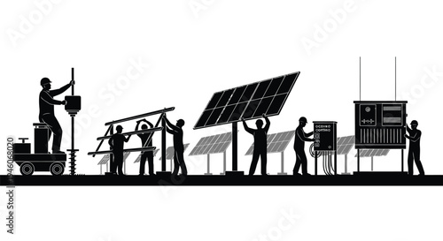 Set of 7 solar panel installation workers vector