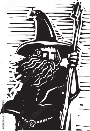 Woodcut style expressionist image of a fantasy wizard with staff.