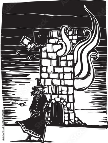 Woodcut image of a fantasy wizard and a burning tower