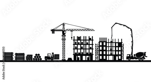 Construction site vector illustration with crane and building