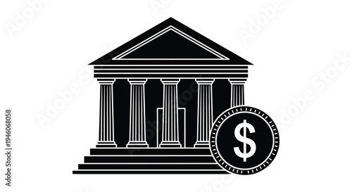 Black and white illustration of a building with a dollar sign inside a circle