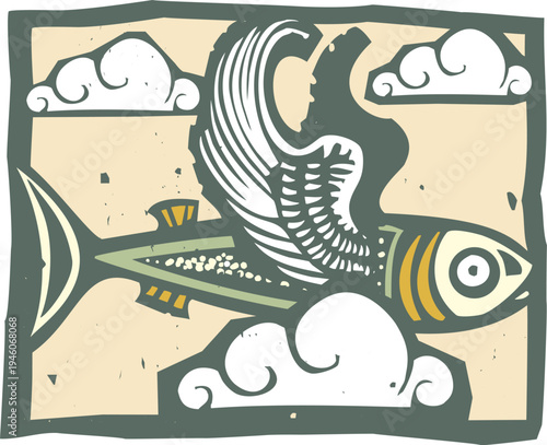 Woodcut expressionist flying fish with wings