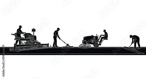 Black silhouette of construction workers with machines vector