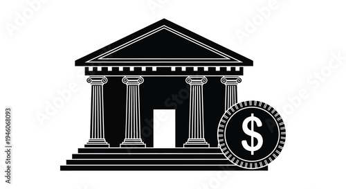 A black and white illustration of a classical building with a dollar sign