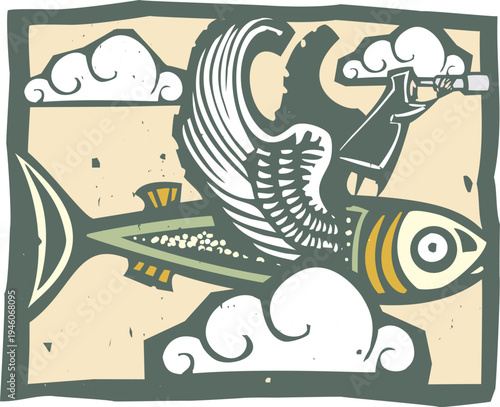 Fantasy expressionist image of a man with telescope riding a flying fish