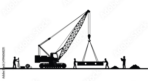 Vector illustration of construction workers with crane and heavy machinery