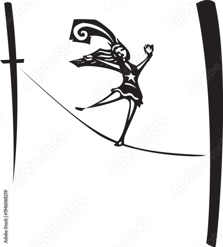 Woodcut style image of a circus performer walking across a tightrope 