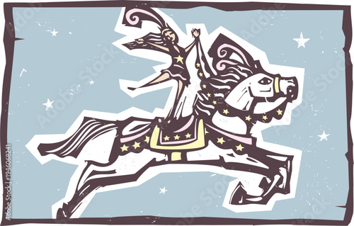 Woodcut expressionist image of a circus performer under the big top riding a horse