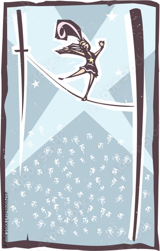 Woodcut style image of a circus performer walking across a tightrope 