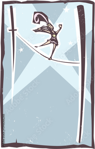 Woodcut style image of a circus performer walking across a tightrope 