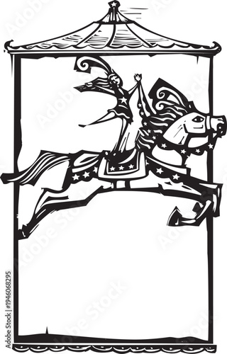 Woodcut expressionist image of a circus performer under the big top riding a horse
