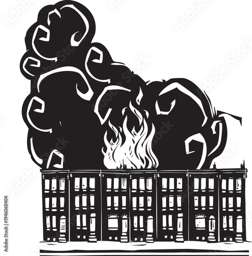 Woodcut expressionist image of a burning set of urban rowhouses