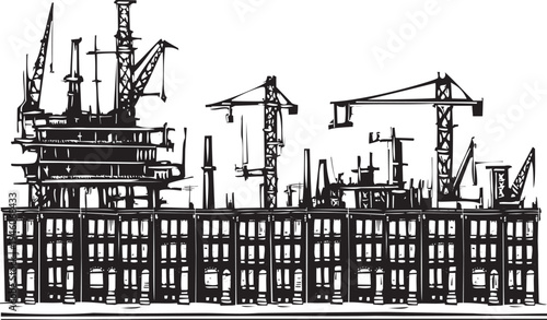 Woodcut expressionist image of rowhouses by a busy shipping port